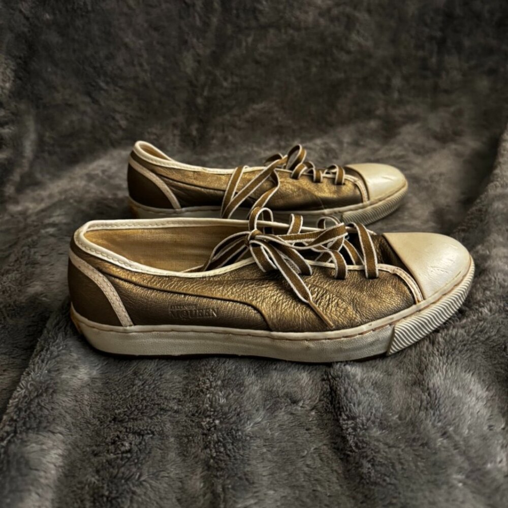Authentic Alexander McQueen Puma Sneakers Antique Gold Metallic w/ Charm, COA
